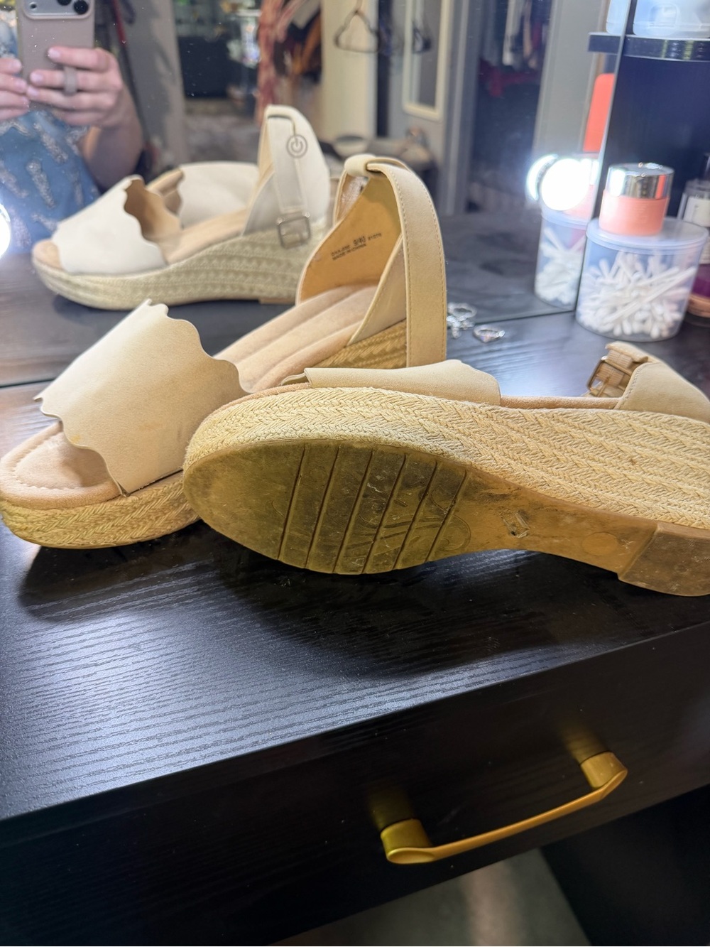 Beige Scalloped Espadrille Wedge Sandals - Women